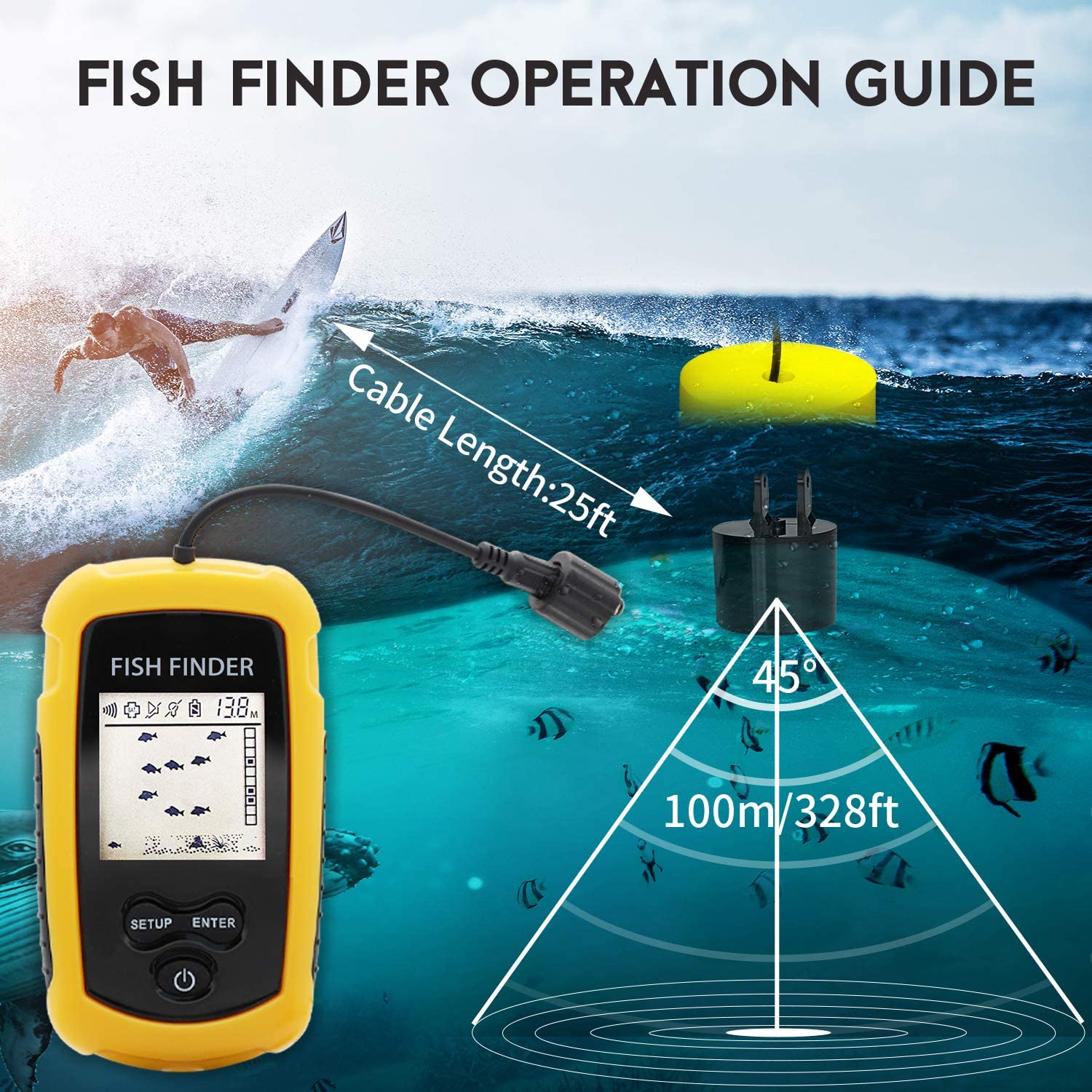 アラーム 100 メートルポータブルソナー魚群探知機 45  - Fish Finder Transducer 200Khz のレビューと価格