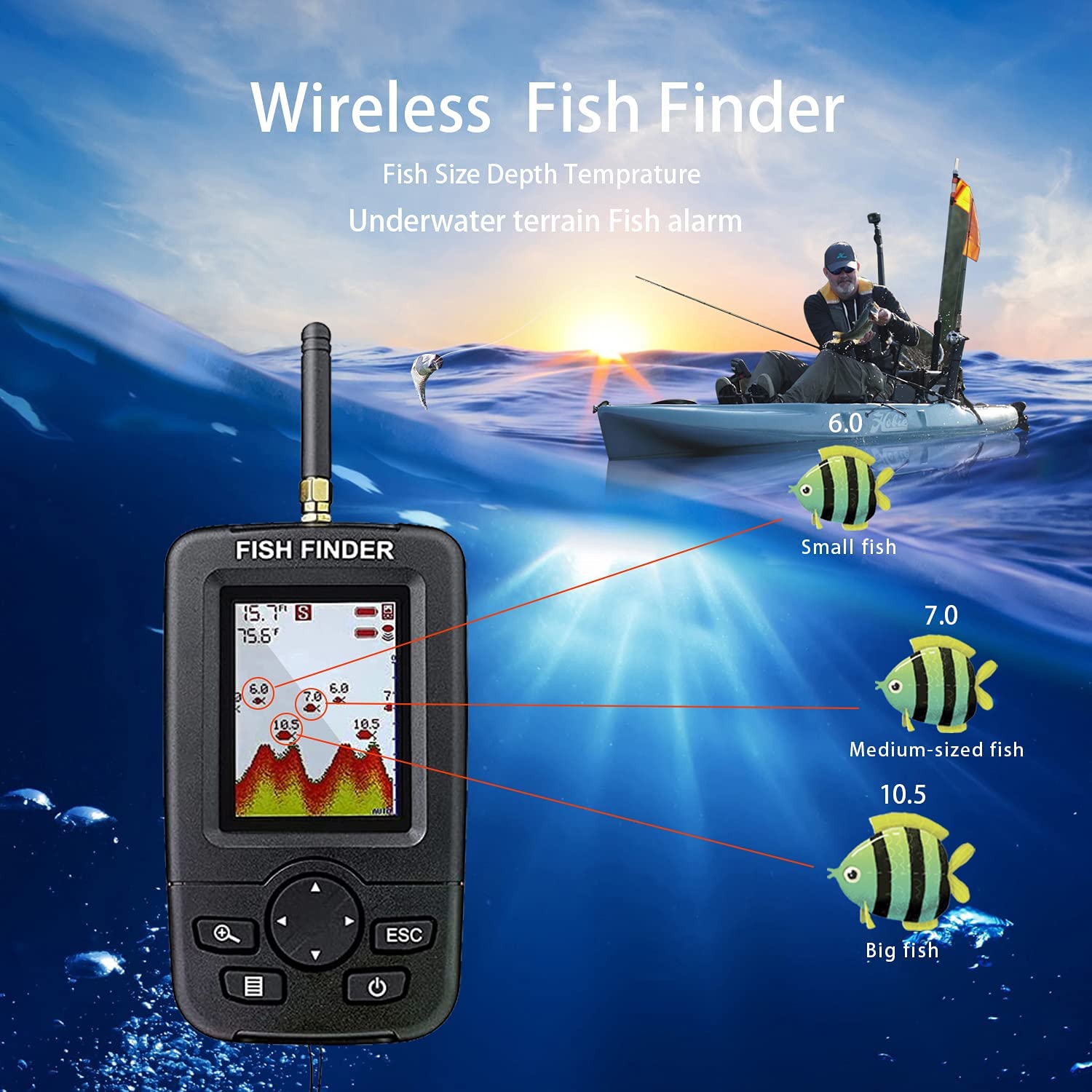 ワイヤレスソナー釣り警報魚群探知機水中エコーサウンダー釣り探 - Chirp Sonar Fish Finder のレビューと価格