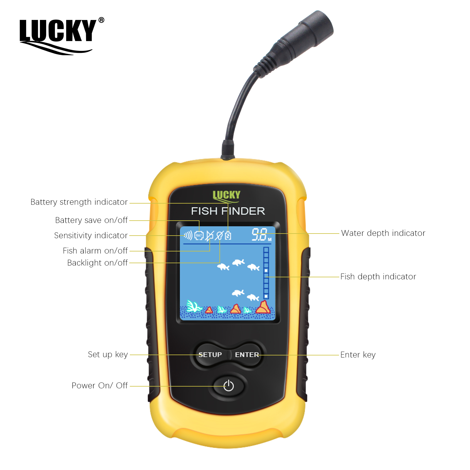 ラッキー FF1108-1 ポータブル魚群探知機氷釣りソナー - Fish Finder Transducer 200Khz のレビューと価格