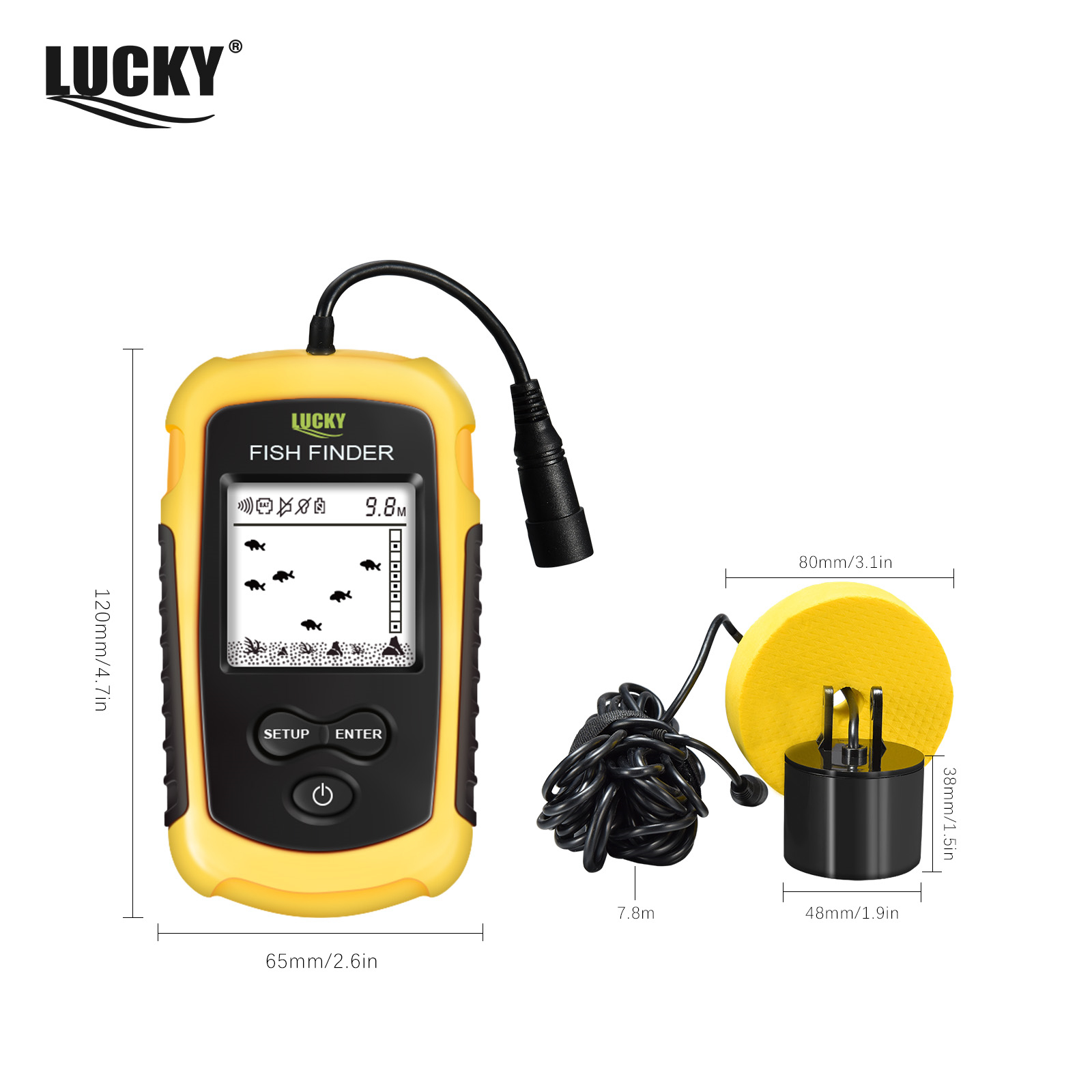 ラッキー FF1108-1 ポータブル魚群探知機氷釣りソナー - Fish Finder Transducer 200Khz のレビューと価格